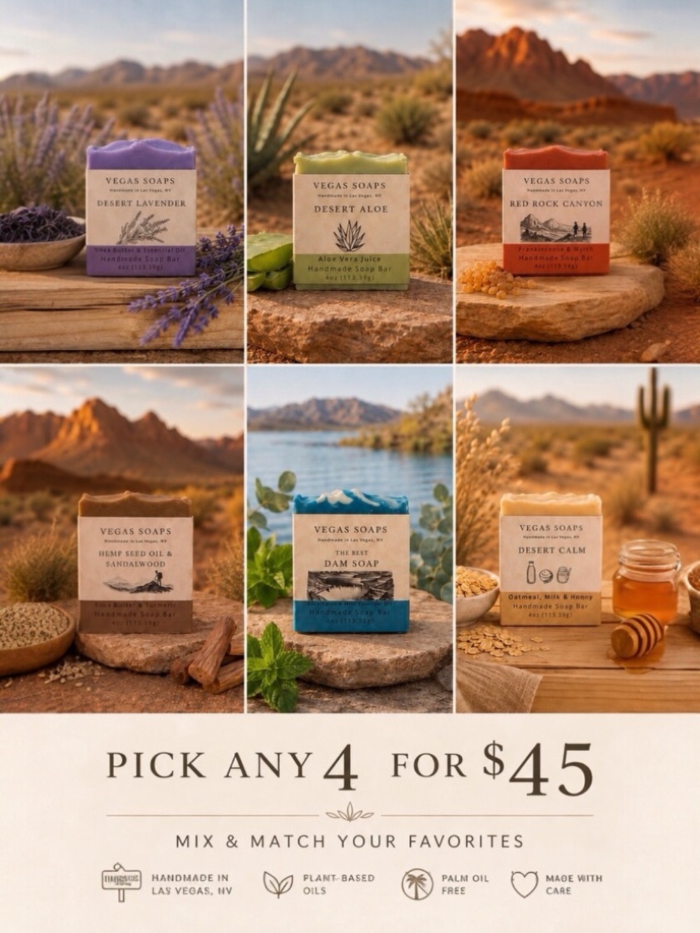 Vegas Soaps - Any 4 Handmade Soap Bars For $45 Mix & Match Your Favorites!